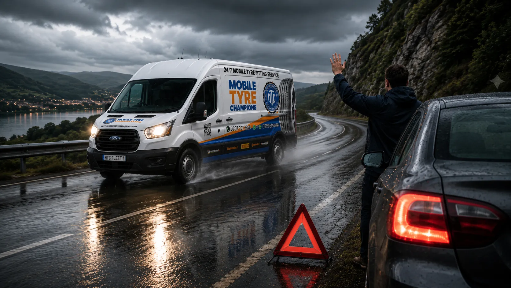 Professional mobile tyre fitting technician balancing and fitting a new tyre on-site in Surrey