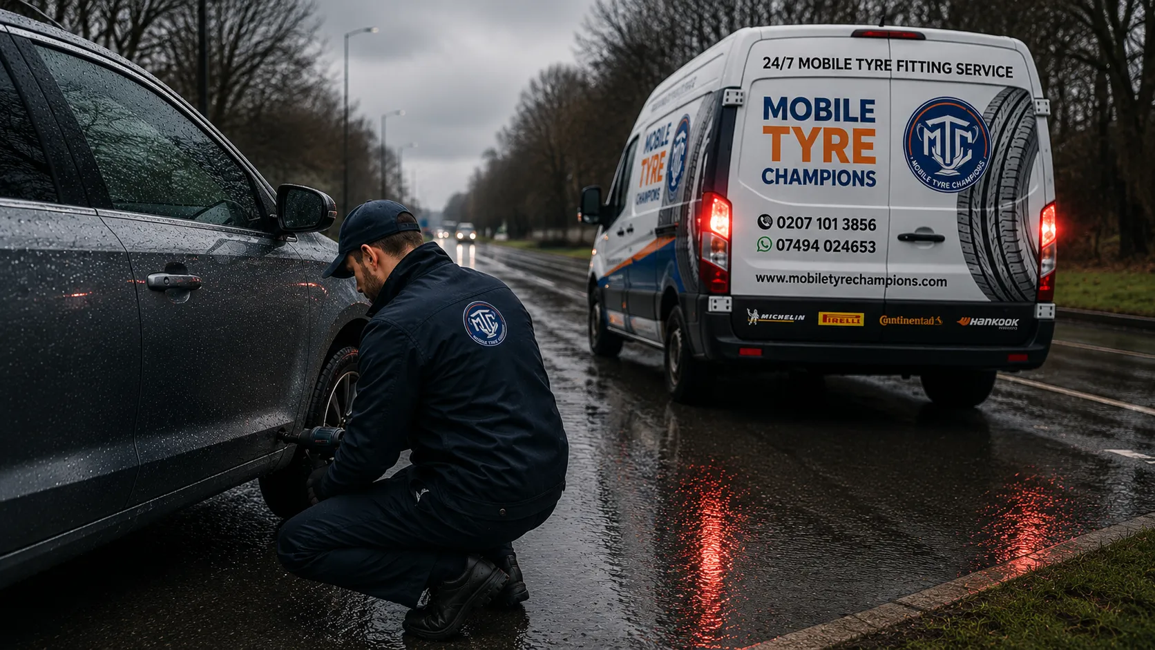 Roadside emergency tyre fitting service van replacing a flat tyre for a motorist stranded on the side of the road