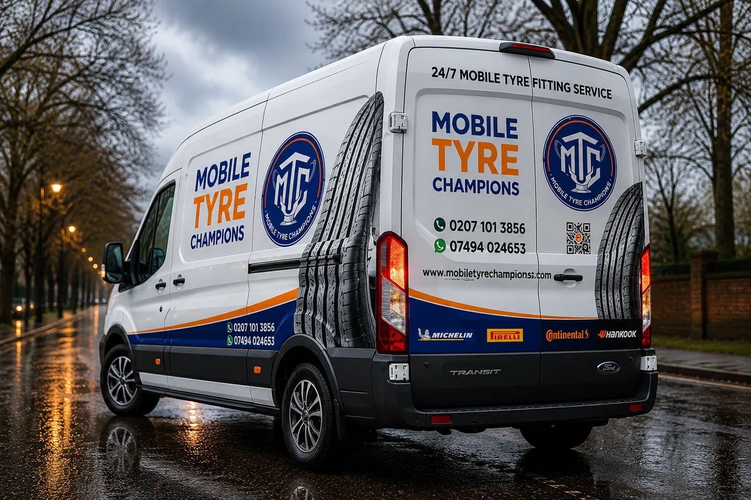 Mobile Tyre Champions fully equipped tyre fitting van parked on a wet UK road carrying replacement tyres
