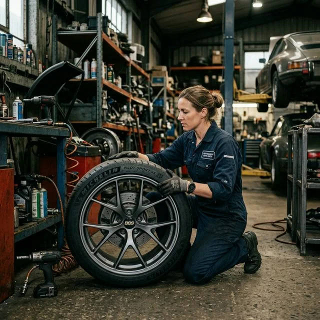 Mobile tyre fitting technician securing a vehicle wheel during roadside tyre replacement and repair service