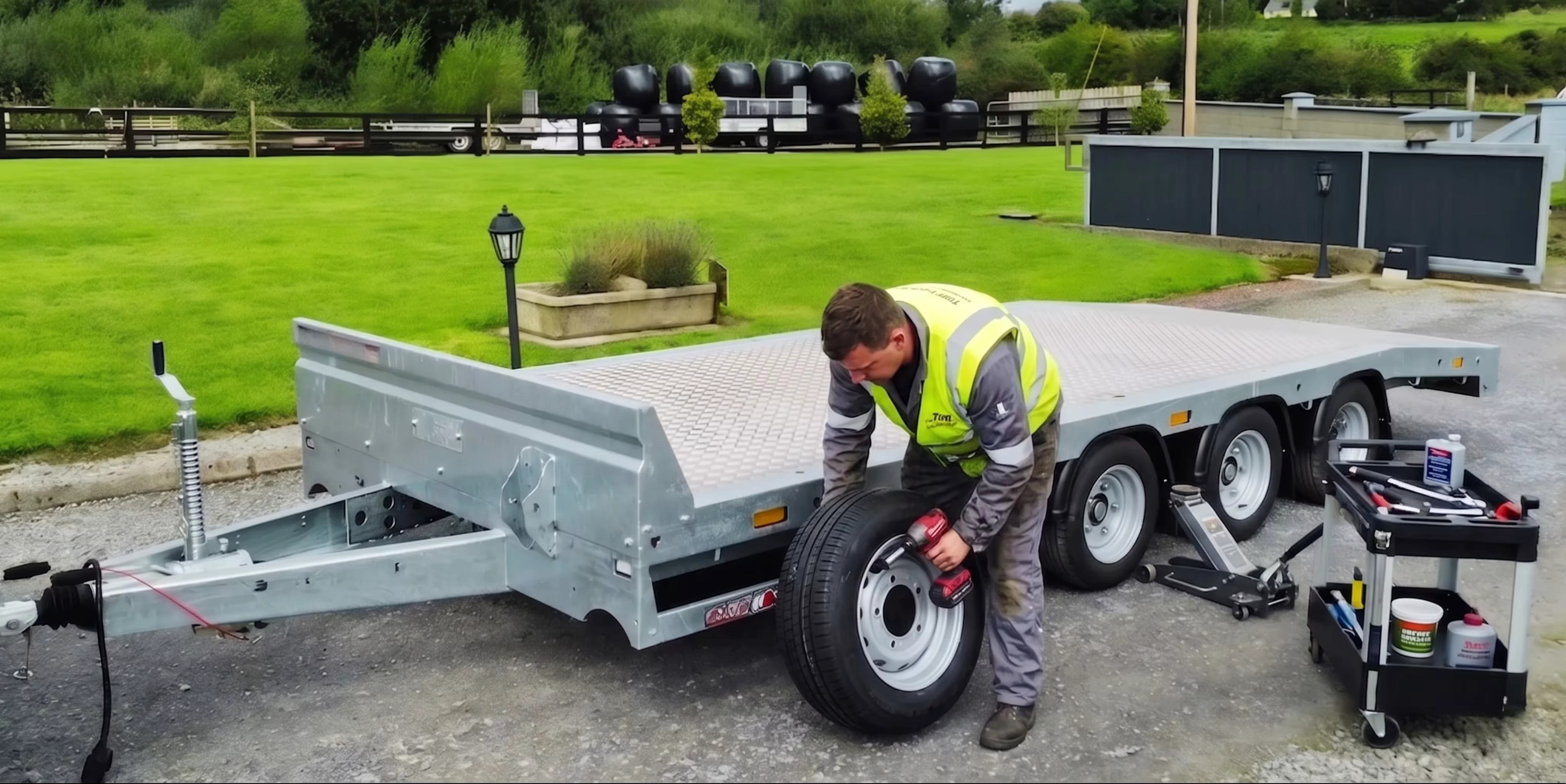 Mobile tyre fitting specialist replacing a trailer tyre on-site with professional roadside tyre services