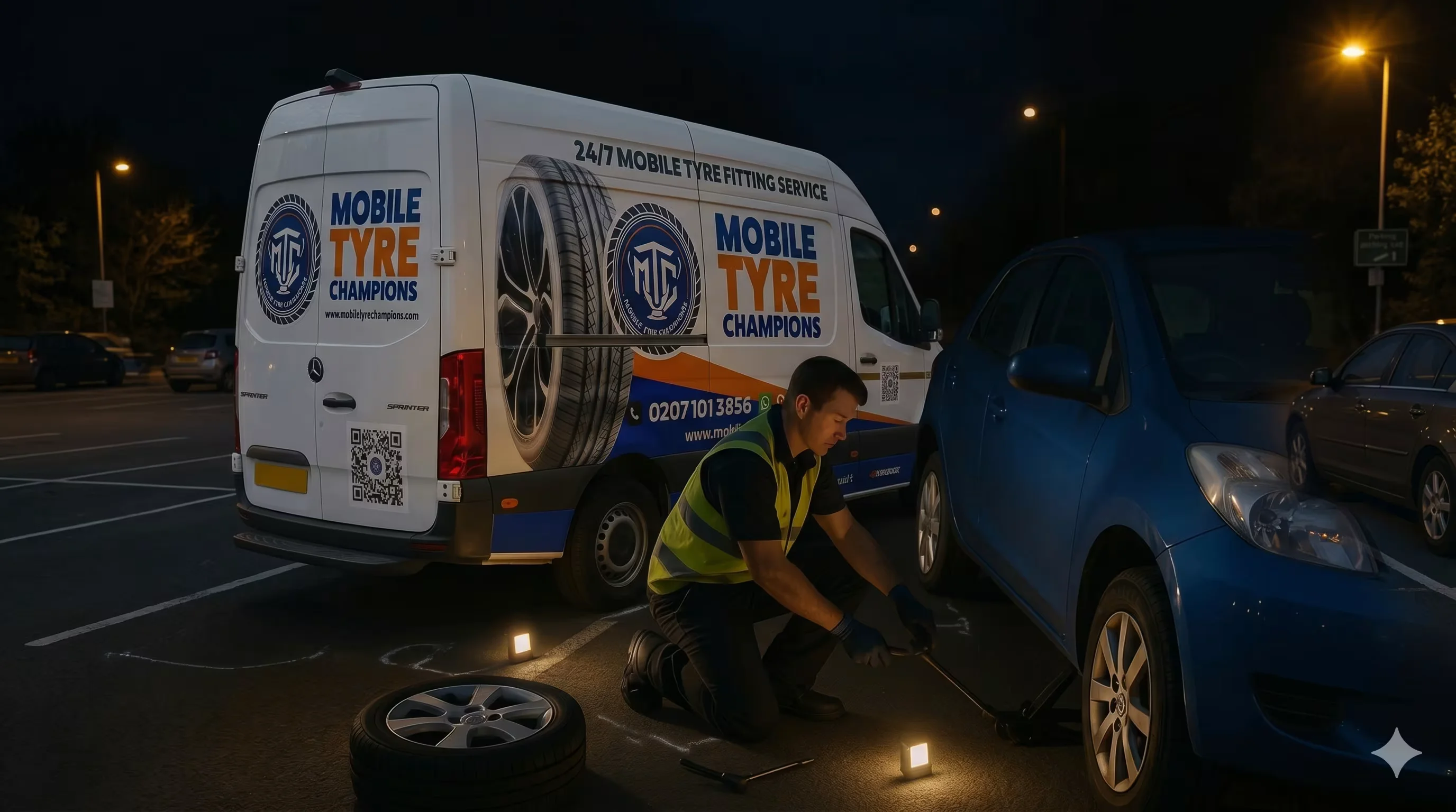 Mobile Tyre Champions technician providing 24/7 emergency mobile tyre fitting service at night for stranded vehicles
