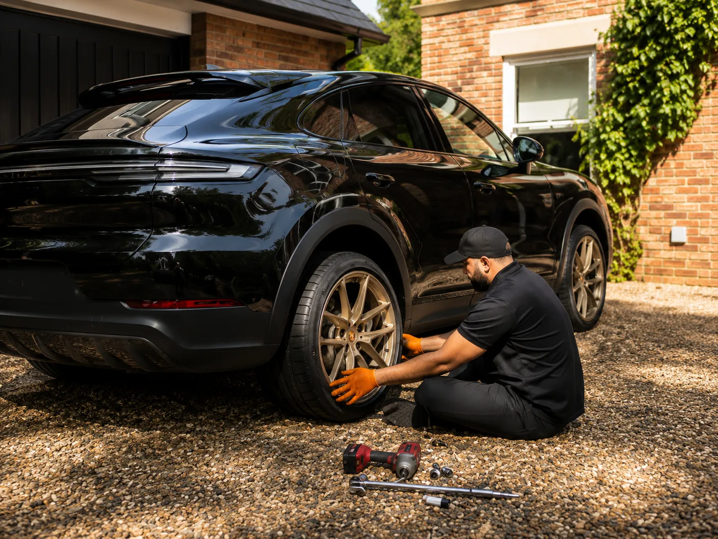 Porsche undergoing on-site tyre replacement by Mobile Tyre Champions